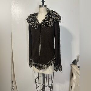 Vintage 90s knit cardigan w faux fur yarn fringe
